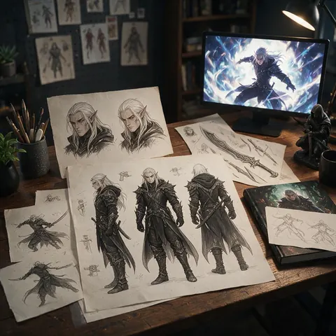 Concept art sketches beside a monitor playing an anime clip
