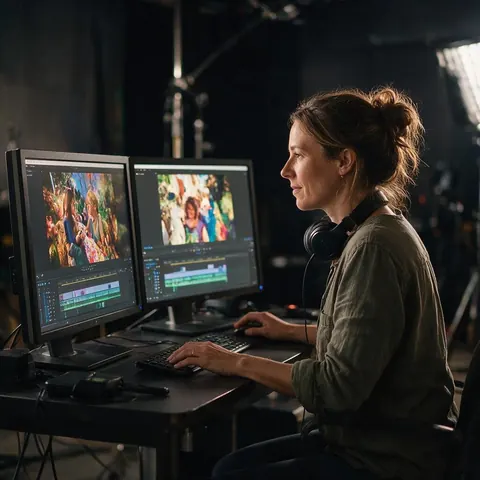 Video editor at a dual-monitor desk in a dim studio