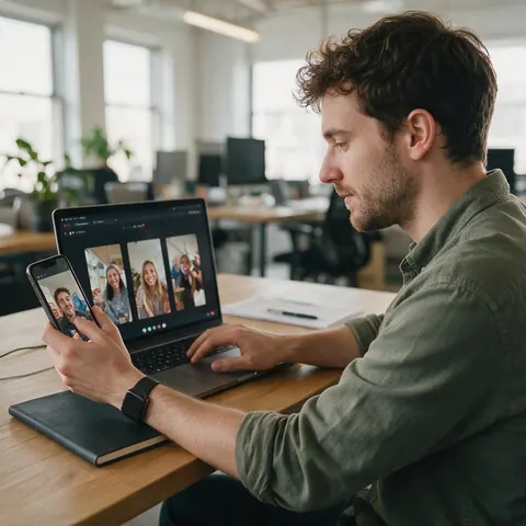 Social media manager reviewing vertical clips in a bright office