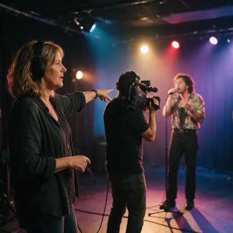 Music video director directing on a sound stage with coloured lights