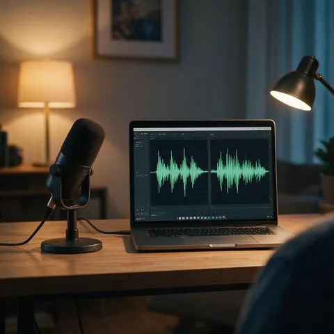 Desk with a microphone and two voice waveforms compared on a laptop