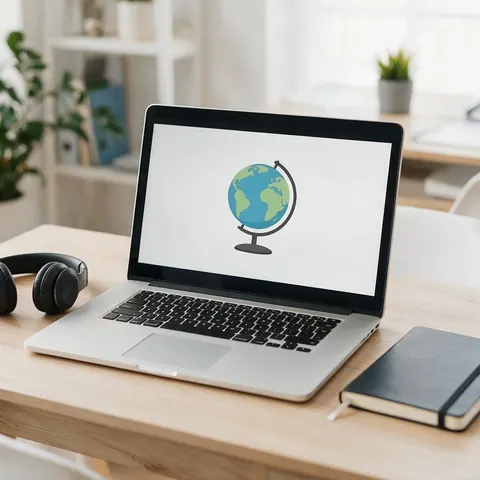 Laptop with an online course slide and headphones