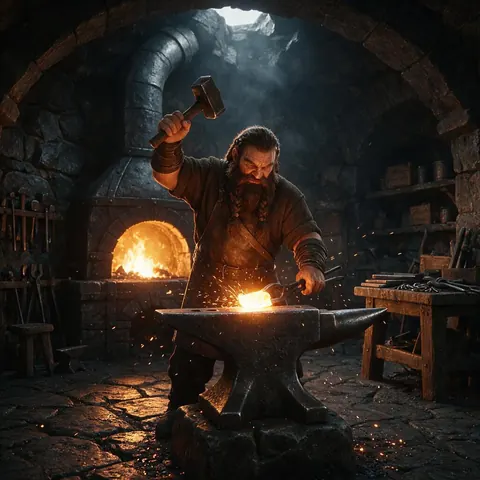 Fantasy game scene of a dwarf blacksmith at a forge