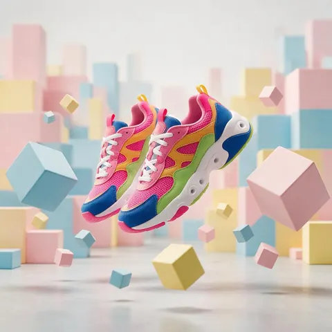 Bright playful ad frame with sneakers on pastel blocks