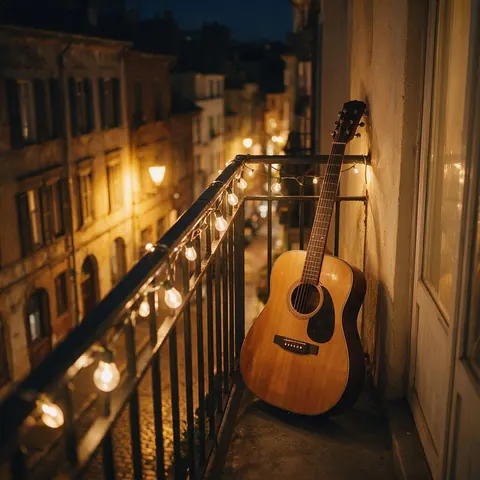 Acoustic guitar on a balcony over a summer night street