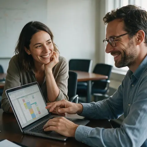Two colleagues checking a spreadsheet formula together on a laptop