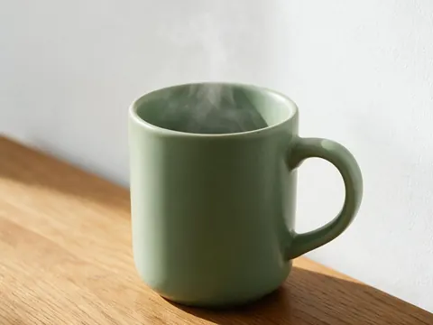 Product photo of a ceramic mug on a wooden table — try extending the background