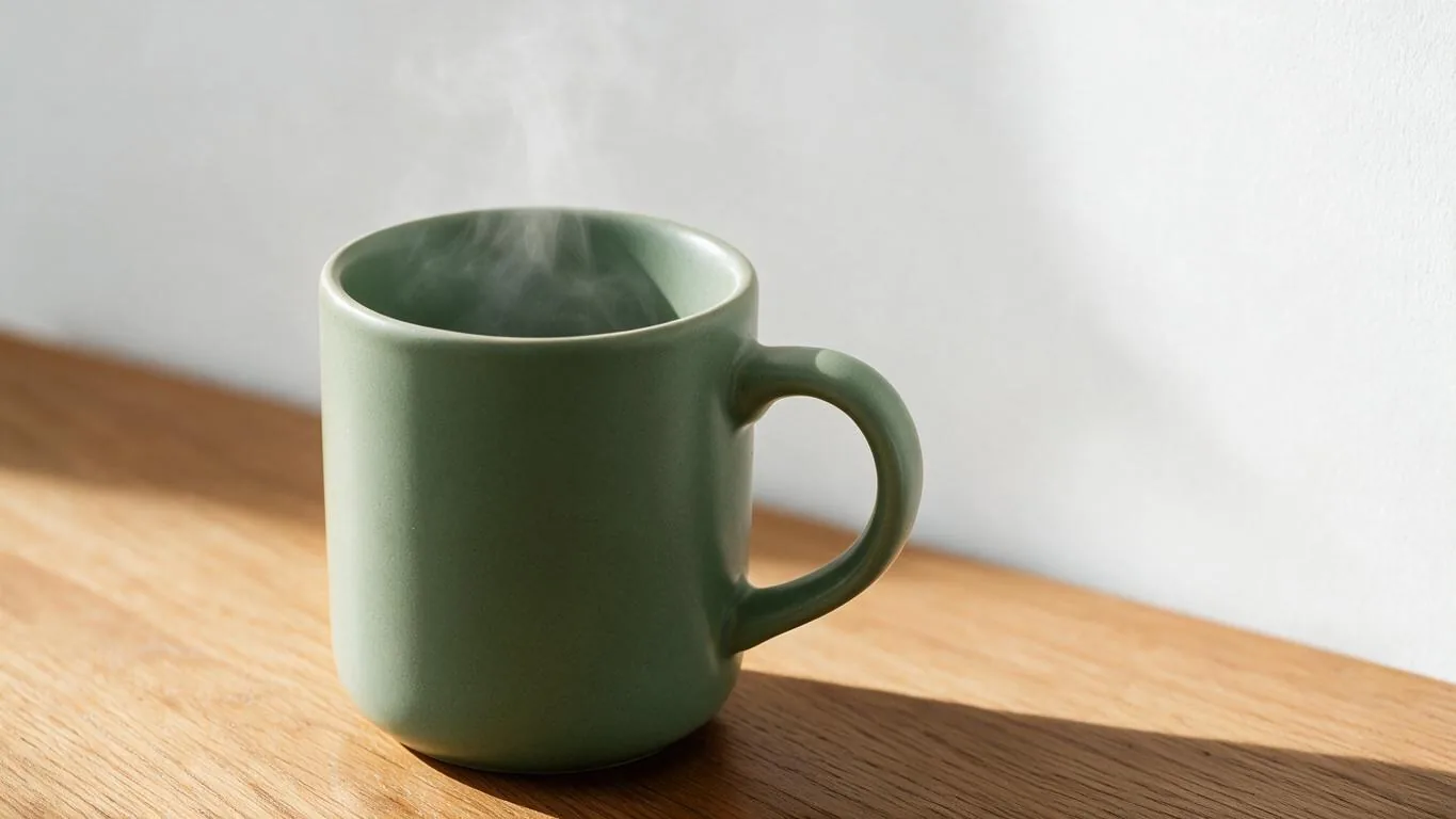 Original 4:3 product photo of a sage-green coffee mug on an oak table against a white wall, cropped close (after)