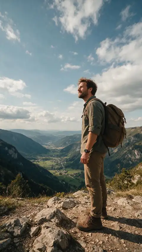 A man with a backpack on a mountain viewpoint under a wide sky, framed vertically
