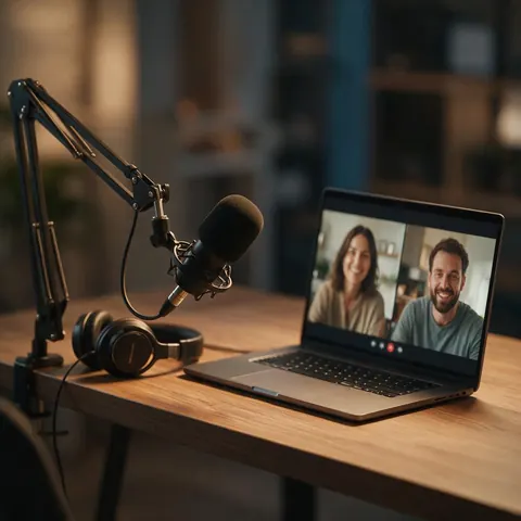 Podcast microphone and laptop showing a video call