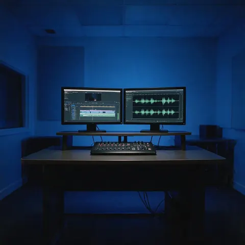 Editing suite with monitors showing a timeline and waveforms