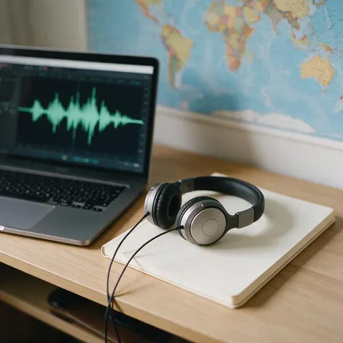 Headphones on a notebook beside a laptop with a waveform