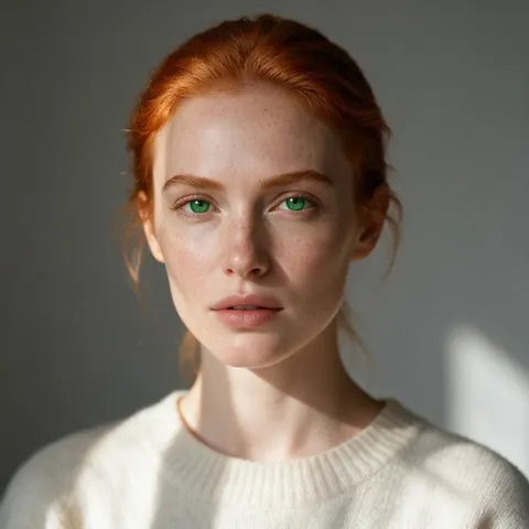 Woman in her 20s with emerald green eyes and freckles