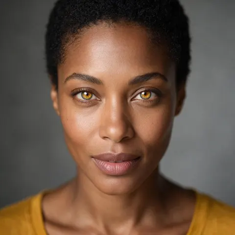 Woman in her 30s with warm hazel eyes