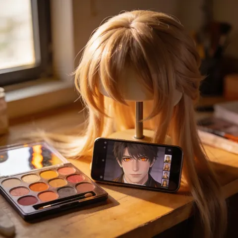 Wig, makeup palette and a phone with an amber-eye preview