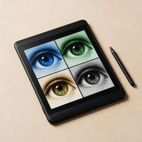 Tablet with one eye close-up in four colours