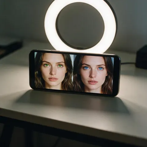 Phone comparing green and blue eyes on one portrait