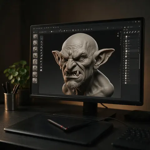 Monitor showing a grey goblin head sculpt beside a pen tablet