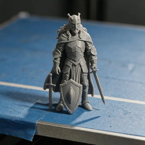 Grey 3D printed figure in a rest pose on a print bed