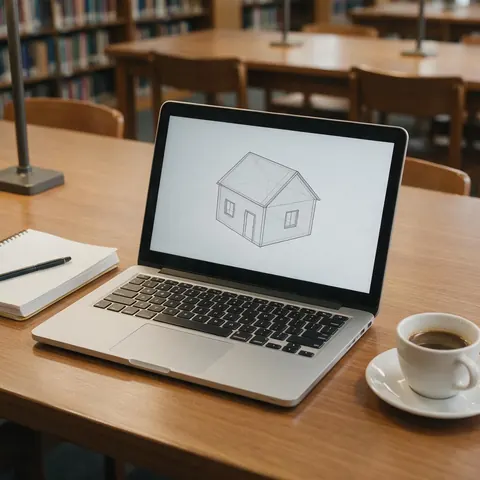 Laptop on a library desk showing a wireframe 3D house model