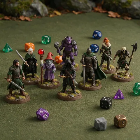 Painted 3D printed fantasy miniatures with dice
