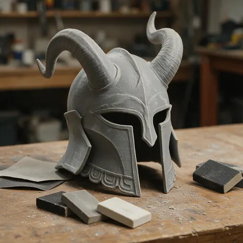 Grey primed 3D printed fantasy helmet on a workbench