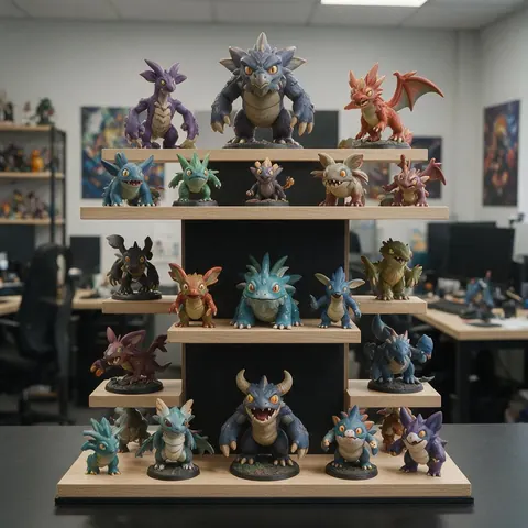 Painted 3D printed game creature figures on an office shelf
