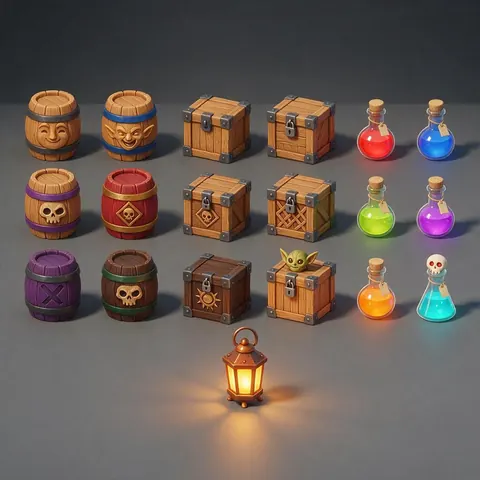 Grid of stylised game asset models on a grey floor