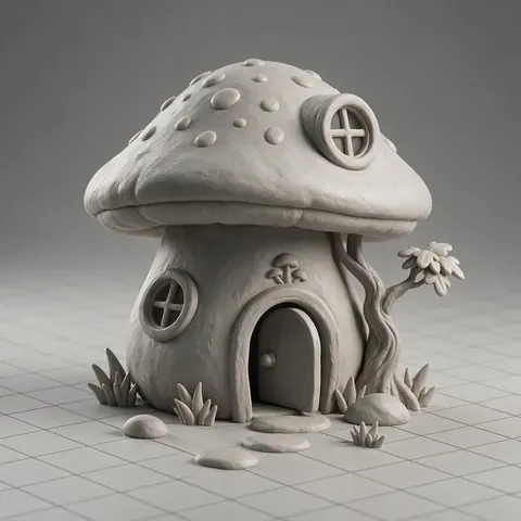 Grey clay 3D mushroom house model on a grid