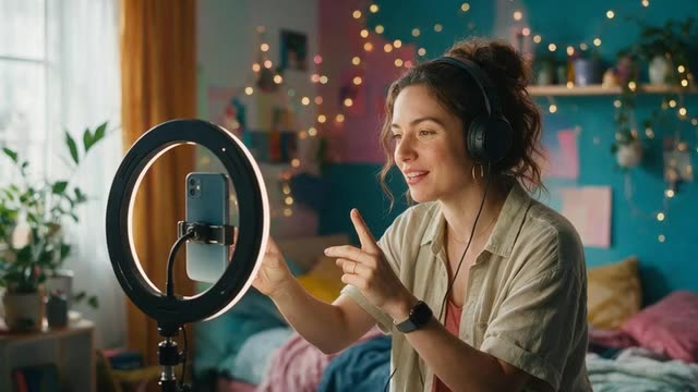 Looping bedroom studio clip: a creator starts recording a vertical video under a ring light