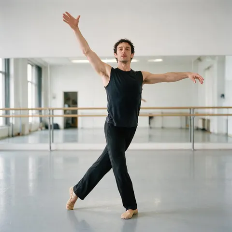 Dancer mid-move in a bright studio