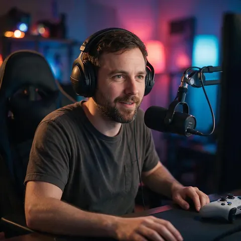 Streamer in headphones at a desk with a microphone