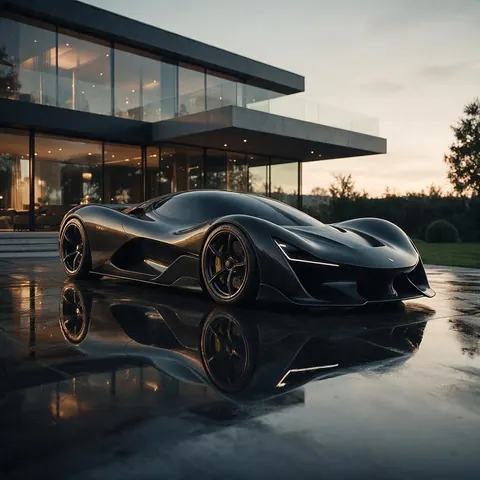 Concept hypercar outside a glass villa at dusk