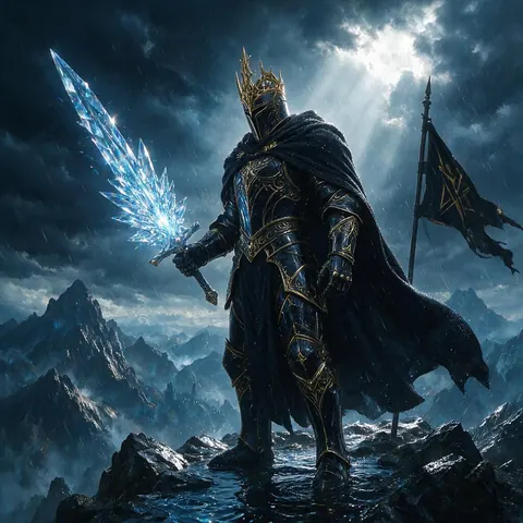 Painting of a paladin in obsidian and gold armour on a stormy peak
