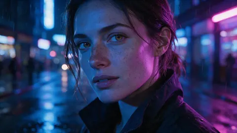 Photorealistic portrait of a woman in neon light on a rainy street at night