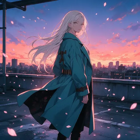 Anime illustration of an original silver-haired character in a teal coat on a rooftop at dusk