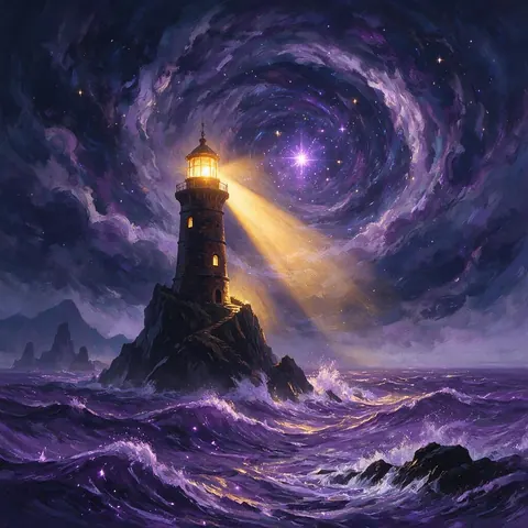 Painterly digital art of a glowing lighthouse on a cliff above a stormy violet sea