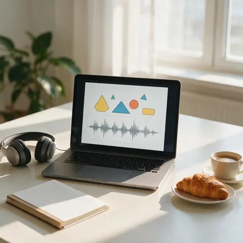 Laptop with an online lesson and audio waveform beside headphones, notebook and a croissant