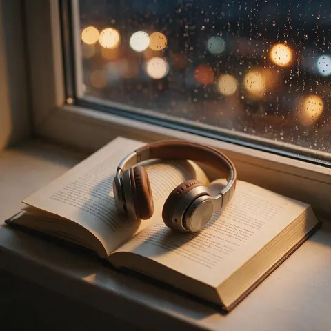 Open novel and headphones on a rainy windowsill at night