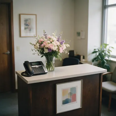 Small office reception desk with a desk phone and fresh flowers