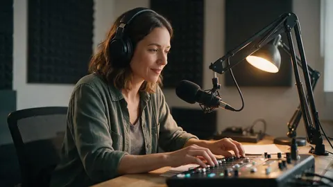 A woman with headphones editing audio in a small home studio