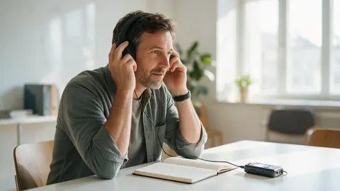 A man listening to an interview recording with headphones at a meeting table