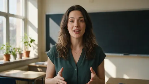 A teacher talking to camera in a sunny classroom