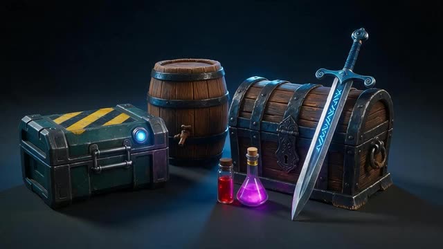 Camera slowly orbits a set of glowing stylised game props