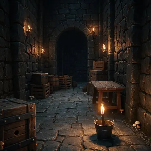 Stylised dungeon level filled with crates, barrels and torches