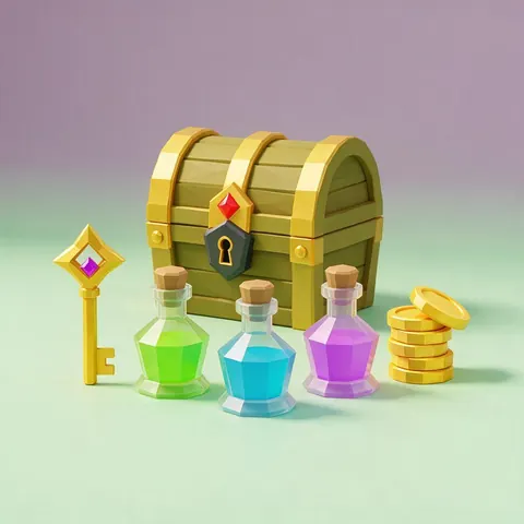 Low-poly mobile game pickups: chest, potions, coins and a key