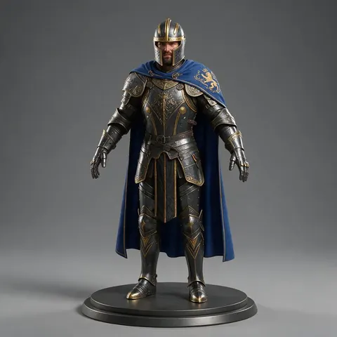 Stylised original knight character in A-pose on a 3D turntable
