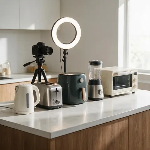 Five kitchen appliances lined up for a review with a camera on a tripod