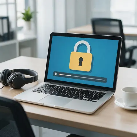 Laptop showing an e-learning module with a padlock illustration and headphones