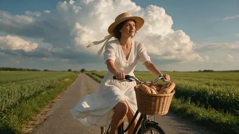 Photo of a woman in a sun hat cycling down a country lane under summer clouds (before)